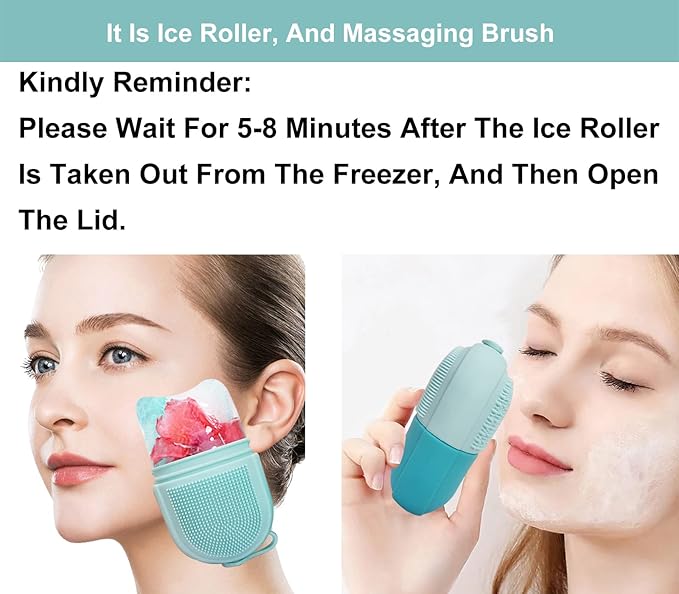 Reusable Cube Silicone Mold Ice Roller With Brush For Face Cold Therapy Facial Massage Roller (Blue)