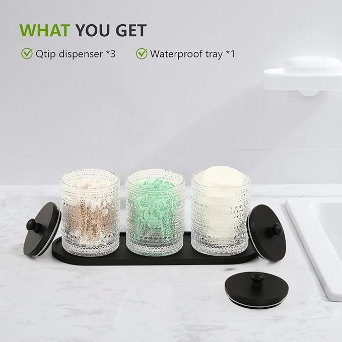 3 Pack Qtip Holder - Bathroom Organizers and Storage, Cotton Round Holder Floss Pick Holder Cotton Ball Holder with Tray, Glass Apothecary Jars with Lids, Cotton Pad Holder Set -clear b D