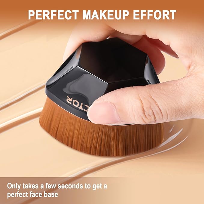 Flat Top Foundation Makeup Brush - Hexagon Kabuki Powder Make Up Brushes Soft and Dense Bristles with Protective Case for Liquid, Blending, Body, Self-tanner, Cream, Buffing (Black)