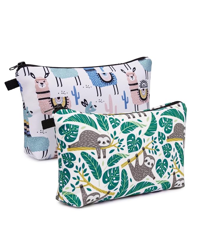 WANDF Cosmetic Bag for Women Makeup bag Organizer Mini Makeup Pouch for Purse Water Resistant Girls Gift(2pcs Alpacas+Sloths)