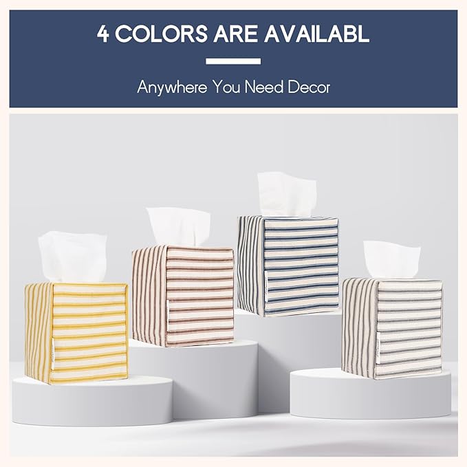 Tissue Box Cover, Fabric Tissue Box Holder Square, Stylish Toilet Paper Storage, Modern Bathroom Counter Organizer Decorations Accessories,Ticking Stripe 5''x5''x5'' (Navy Blue)