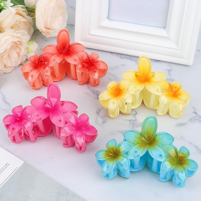 Flower Hair Claw Clips - 4PCS Glossy Hawaiian Clips for Thick and Thin Hair, Non-Slip Strong Hold Hair Accessories for Women and Girls
