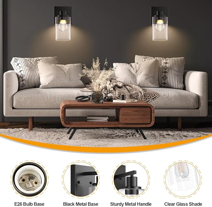 Wall Sconces Set of 2 Matte Black Vanity Lights for Bathroom, Modern Wall Light Fixtures Sconce Lights Indoor with Clear Glass Farmhouse Wall Mount Lamp for Bedroom Mirror Living Room Hallway E26 Base