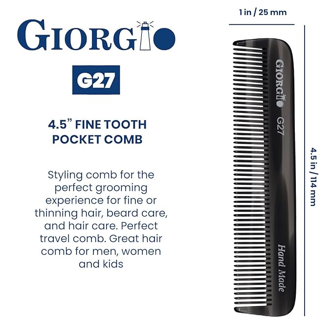 Giorgio G27 Handmade All Fine Tooth Pocket Comb, Hair Comb Straightener for Everyday Grooming Styling Hair, Mustache and Beard for Men Women and Kids, Saw Cut and Polished (Tortoiseshell)