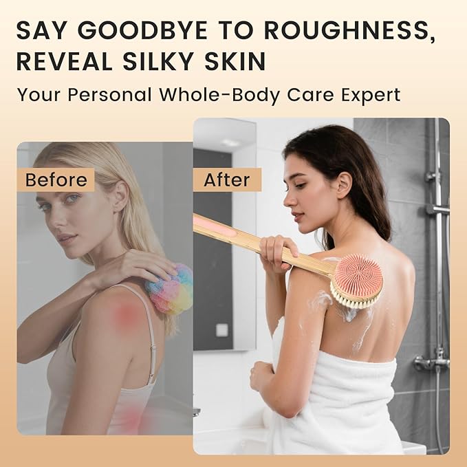 Back Scrubber for Shower - Double-Sided Silicone and Super-Dense Bristles for Deep Cleaning & Exfoliation, Bamboo Long Handle with Wider Anti-Slip Grip, Body Exfoliator for Wet or Dry Brushing