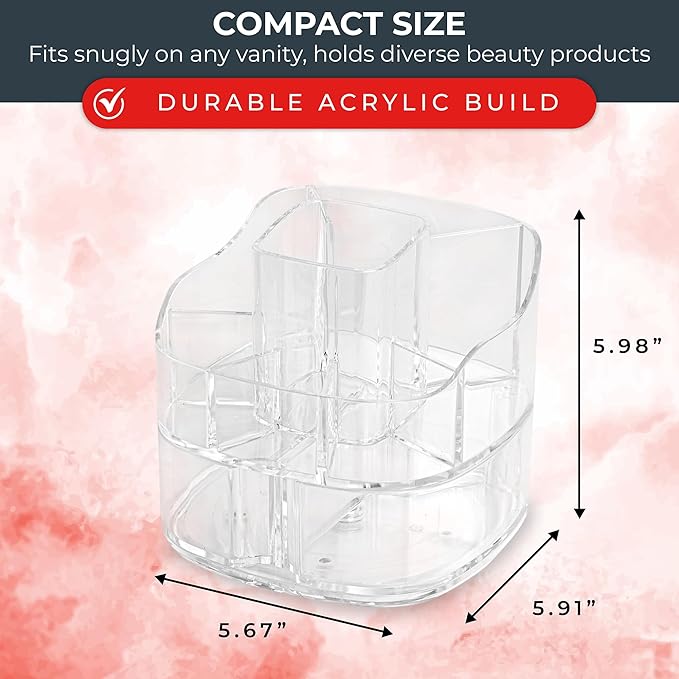 Masirs Small 360 Rotating Makeup Organizer - Mini Yet Spacious Cosmetic Storage Solution with Multiple Compartments - The Perfect Spinning Make-Up Caddy for Vanity or Bathroom Counter (Square - Clear)