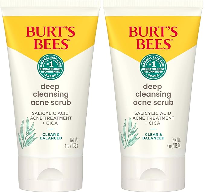 Burt’s Bees Clear and Balanced Deep Cleansing Acne Scrub, Salicylic Acid Acne Treatment with Cica, Facial Cream Exfoliator Helps Unclog Pores and Reduce Acne, 4 Oz (Pack of 2)
