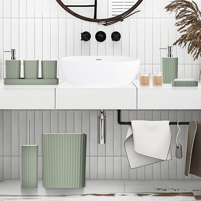 Bathroom Accessories Set - Gorgeous Sage Green Bathroom Set, 10PC Bathroom Accessory Set, Toilet Brush, Trash Can, Qtip Holder Dispenser & Soap Dispenser