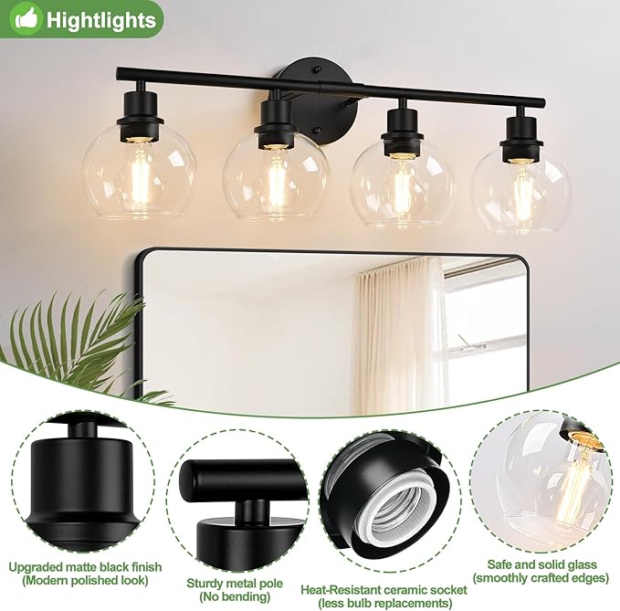 4-Light Bathroom Light Fixtures, Black Bathroom Lights Over Mirror with Clear Glass Globe Shade, Vanity Lights for Bathroom Kitchen Living Room Hallway Cabinet Bedroom Porch