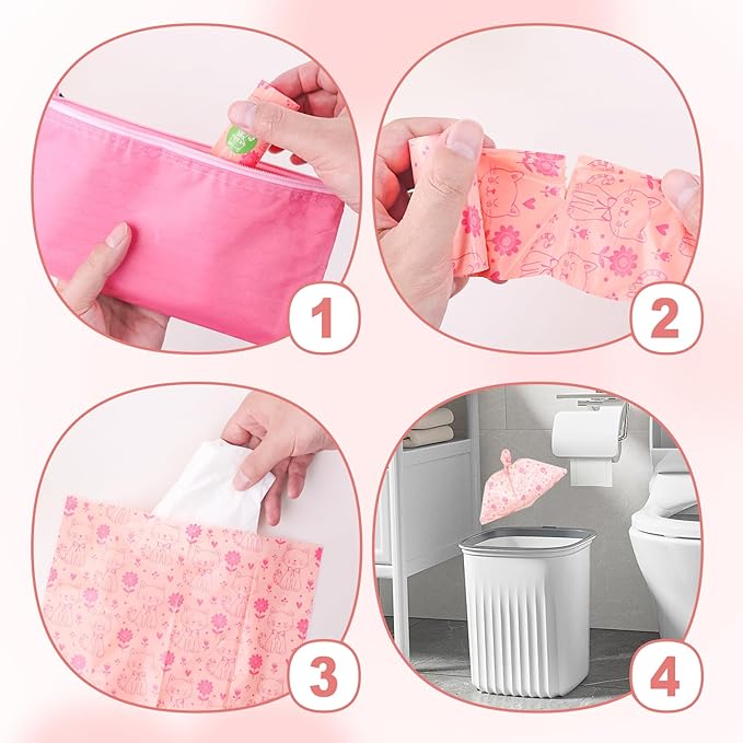 146Pcs Disposal Sanitary Napkin Bags, Pink Feminine Privacy Protection Sanitary Tampons Menstrual Liners Bag, Personal Disposal Hygiene Period Diapers Bag for Women (144pcs with 2pcs Zipper Bags)
