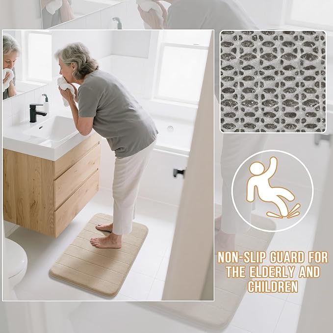 Yimobra U-Shaped Toilet Bath Mat Set 2 Piece - Super Soft Absorbent Quick Dry Memory Foam Bathroom Rugs, Machine Washable Non Slip Floor Carpet for Tub Shower & Single Sink (17x24 & 24x20, Beige)