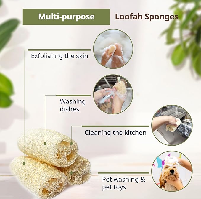 Natural Loofah Sponge Set (4-Pack) | Shower Loofah Exfoliating Body Scrubber for Women & Men | Multi-Use Sponge for Shower, Spa, Kitchen, Pet | 100% Natural, Dye-Free, Eco-Friendly