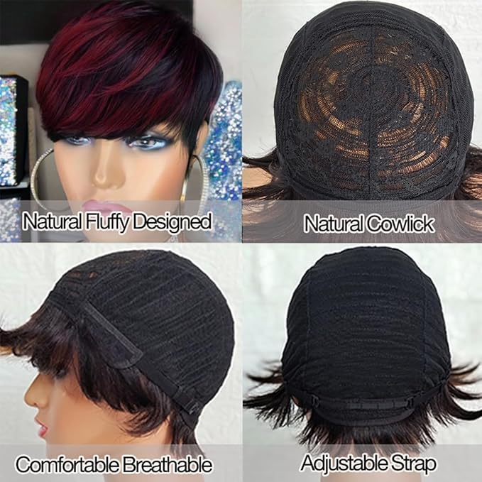 Adette Basic Pixie Cut Wig Straight Style - 1B/99J Burgundy Highlight 180% Density Brazilian Virgin Human Hair with Rose Net Cap, Glueless Machine Made for African American Women, Cosplay & Daily Wear