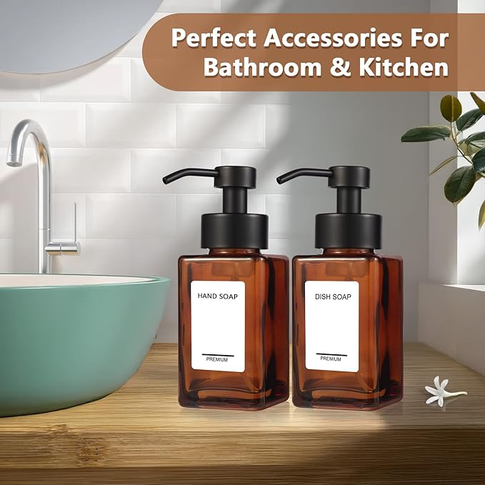 Foaming Hand Soap Dispenser 2 Pack, 12oz/350ml Amber Glass Foaming Soap Dispenser Set with Stainless Steel Pump, Square Refillable Foam Pump Bottles for Bathroom&Kitchen,Includes 6 Labels