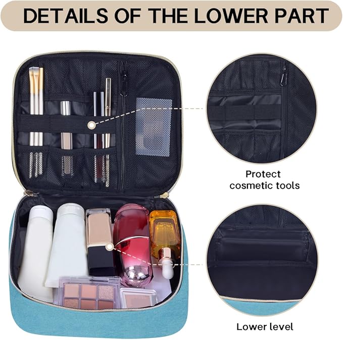 Double Layer Makeup Bag Portable Large Cosmetic Case Organizer with Adjustable Dividers Storage Travel Bag for Accessories Brushes Conditioner and Skin Care Products (Green)