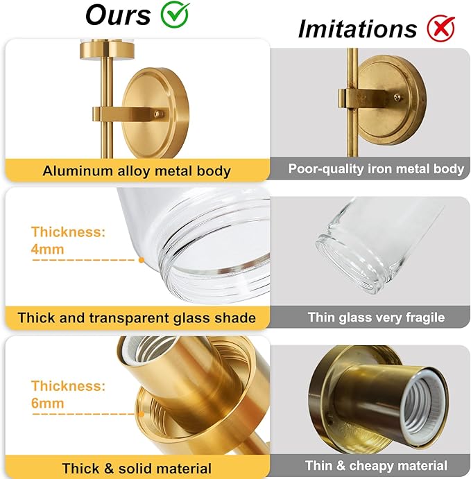 Hardwired Gold Wall Sconces Set of 2, Modern Bathroom Sconces Wall Lighting Vanity Light Fixtures with Clear Glass, Brushed Brass Wall Decor Lights for Mirror Living Room Bedroom Hallway Stairwell