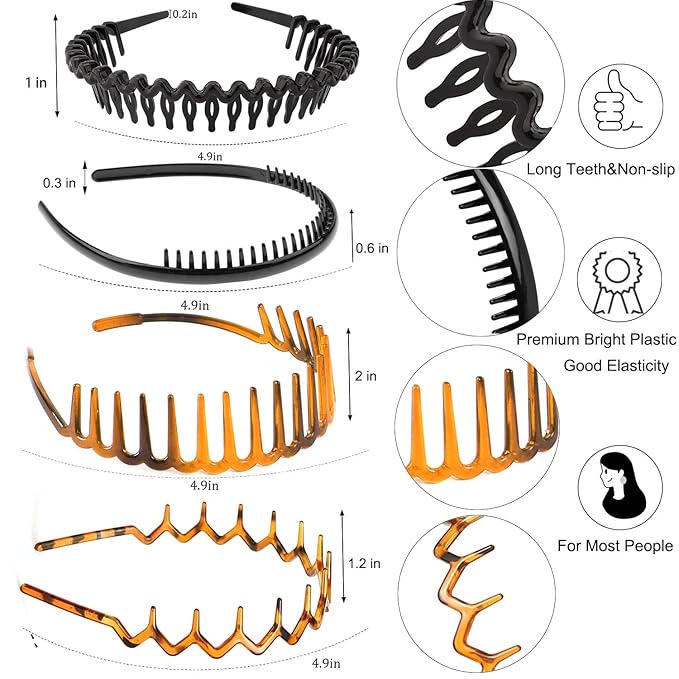 8 PCS Fashion Effortless Plastic Headbands with Teeth Comb Black Skinny Headbands No Slip Hair Accessories Bands for Women Men Teen Girls, Amber&Bright Black