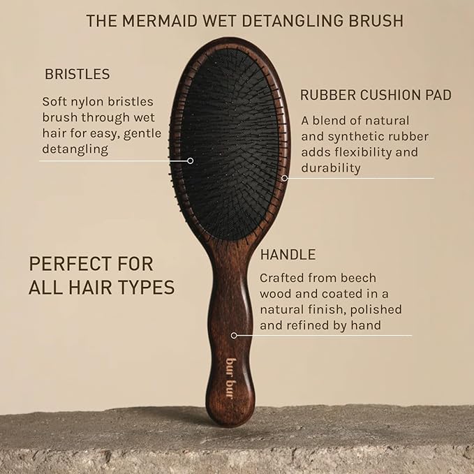 BUR BUR The Mermaid Brush - Wet Detangling Hair Brush | With Wooden Handle and Fexible Nylon Bristles | Scalp Massaging, Detangling