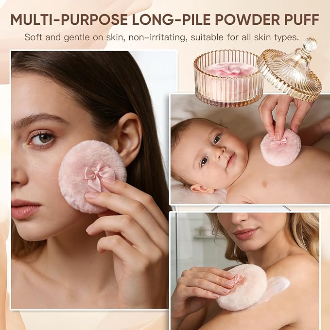 3 Pcs Dusting Powder Container with Puff, 3.54 Inch Soft Velour Dusting Powder Puff and Glass Powder Container, Washable Reusable Wet & Dry Powder Applicator for Women
