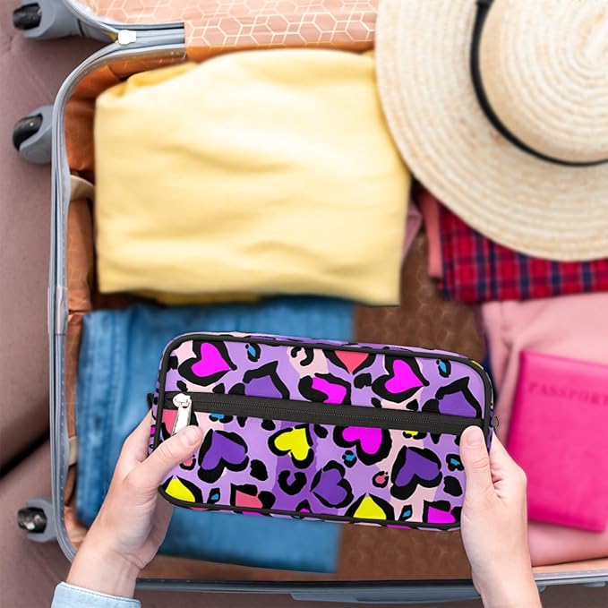 Heart Shape Leopard Skin Print Kids Toiletry Bag for Boys Girls, Cosmetic Makeup Bag with Handle, Travel Shaving Kit Organizer, Waterproof Portable Wash Bag for Gym Vacation Camping Sports