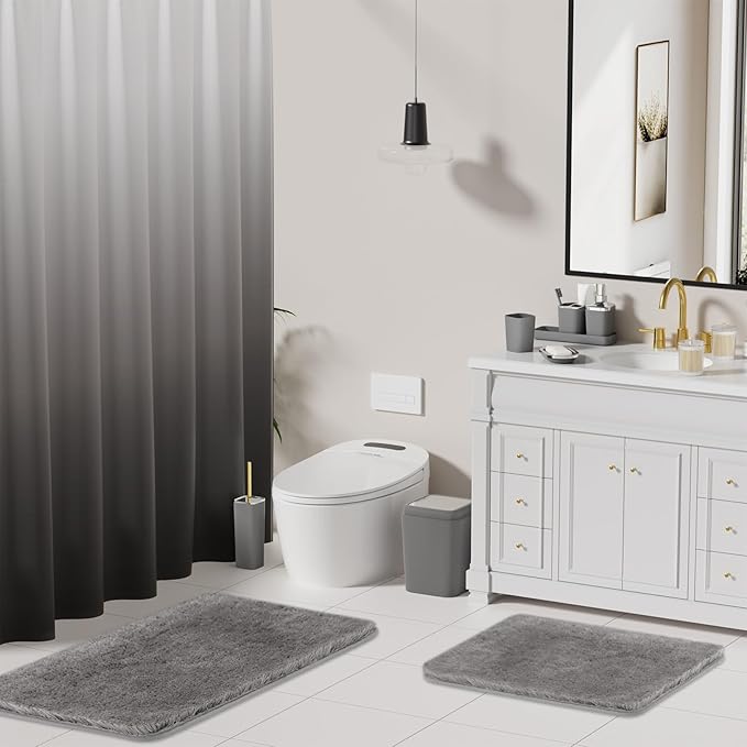 Grey Bathroom Accessories Set, Bathroom Sets with Shower Curtain and Rugs, Trash Can, Tray, Soap Dispenser, Soap Dish, Toothbrush Holder, Toothbrush Cup,Toilet Brush and Qtip Holders for Home