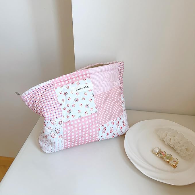 2 Pieces Floral Makeup Bag, Cute Travel Quilted Cotton Small Cosmetic Bag Organizer, Coquette Aesthetic Preppy Pouch Purse Toiletry Bag for Women Girls accessories