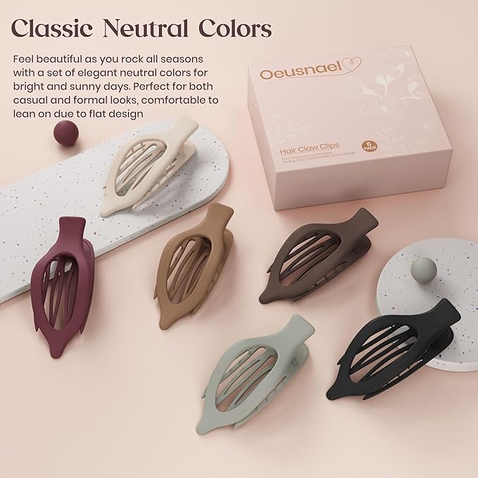 6 PCS Large Flat Hair Clips for Women, French Concord Lay Down Flat Claw Clips for Thick Thin Hair, Comfortable Curved Flat Hair Clip, Matte Non-slip Strong Hold Hair Accessories, Chic Colors