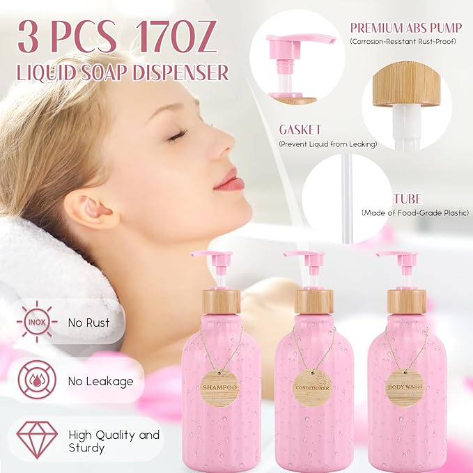 Bathroom Accessories,Bathroom Set with Shower Curtain,Rugs,Trash Can,Lotion Soap Dispenser,Toothbrush Holder,Soap Dish, Tags with Tray（Pink1 ），（Bath Set+Shower Curtain+Bath Rugs）