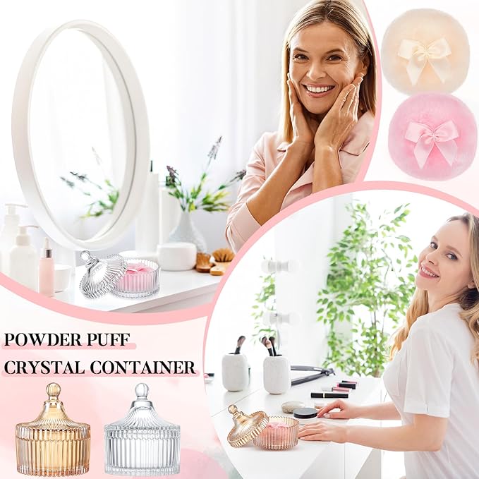 Tioncy 4 Pcs Large Body Powder Puff and Container Extra Large Body Powder Puff Dish Soft Washable Reusable Fluffy Makeup Sponge Wet Dry(Simple,Clear and Amber)