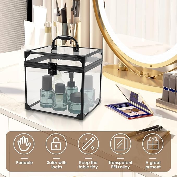 Makeup Box,Clear Cosmetic Case with Latches and Handle Large Capacity Toiletry Organizer Box Travel Makeup Tools for Vanity Bathroom Counter Dresser(black)