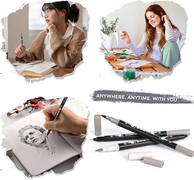 Gray Duo Tip Marker Pens, 12 Pack Fine & Brush Markers for Adult Coloring Books No Bleeding, Neutral Gray Markers for Shading, Urban Sketches, Architectural Drawings and Realistic Textures