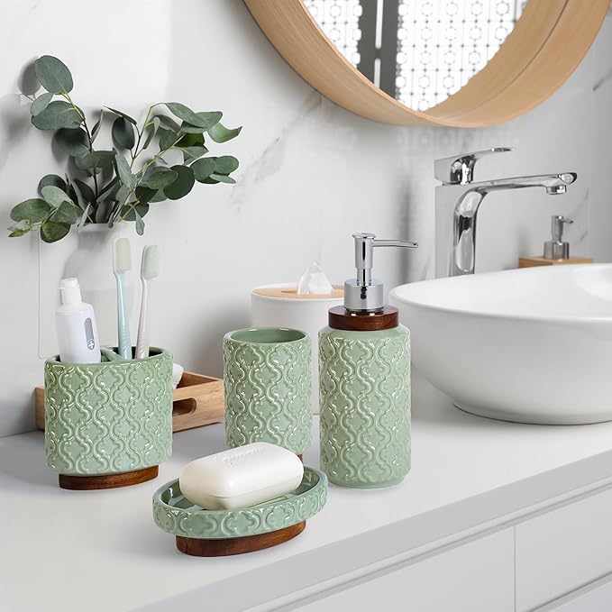 Elegant Bathroom Accessories Set 4 PCS Ceramic and Wood Bathroom Accessory Set Soap Dispenser Toothbrush Holder Tumbler Soap Dish Easy to Clean Quatrefoil Pattern Green