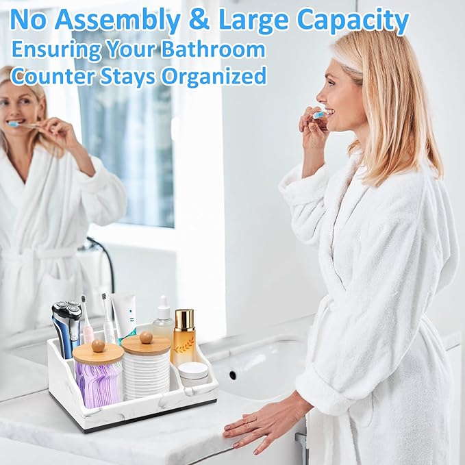 Bathroom Counter Organizer, White Marble Toothbrush Holders for Bathrooms with 2PCS Qtip Holder, Bathroom Organizer Countertop Toothbrush and Toothpaste Holder for Makeup Organizer for Vanity