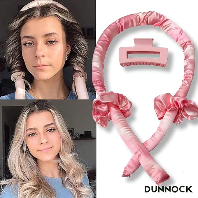 Dunnock Heatless Curling Rods Set Sakura Pink - Heatless Curls Overnight with 34" Hair Curler & 2 Satin Scrunchies No Heat Hair Curlers for Soft Waves & Bouncy Curls Damage Free Hair Styling Tool