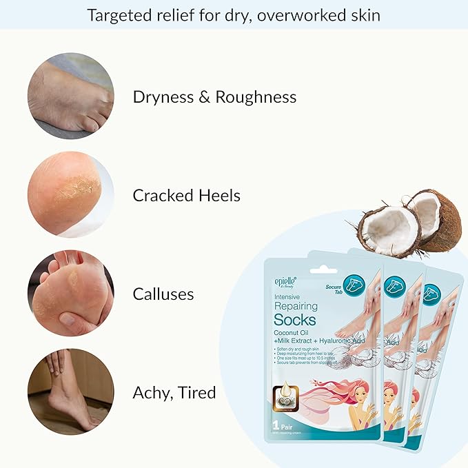 Epielle Intensive Repairing Foot Mask 6 Pairs, Soften with Coconut Oil & Milk Extract, Deep Moisturizing Socks for Dry, Cracked Feet, Self Care Gifts for Women, Spa Kit, Easter Basket Stuffers