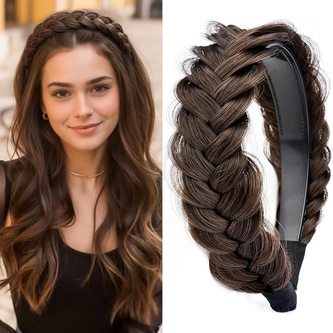 DIGUAN Wide Messy Braided Headband With Teeth Synthetic Hair Plaited Headband High Elasticity Braids Chunky Fishtail Braided Hair Band Hairpiece for Girls Women Beauty Accessory (Copper Brown)