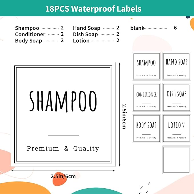 Segbeauty Bathroom Organization Labels, 18pcs Waterproof Soap Dispenser Bottle Label Stickers, White Removable Self-Adhesive Stickers for Shampoo Conditioner Hand Soap Lotion Dish Wash Bottles