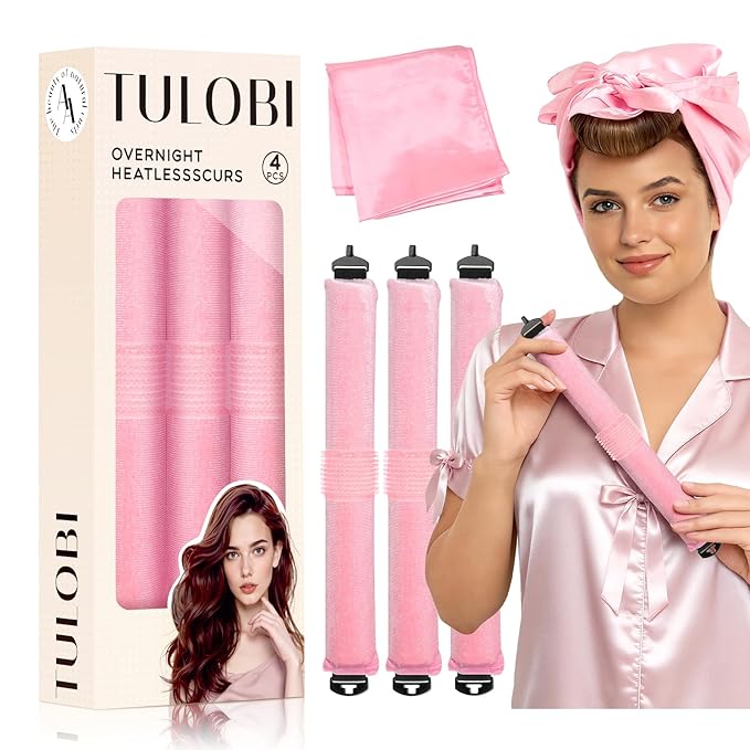 TULOBI 3 Pcs Heatless Curls Overnight - Upgraded Velvet Heatless Hair Curler with Velcro Fastener, Overnight Jumbo Blowout Rods, Hair Curlers to Sleep in for All Hair Types (Pink)