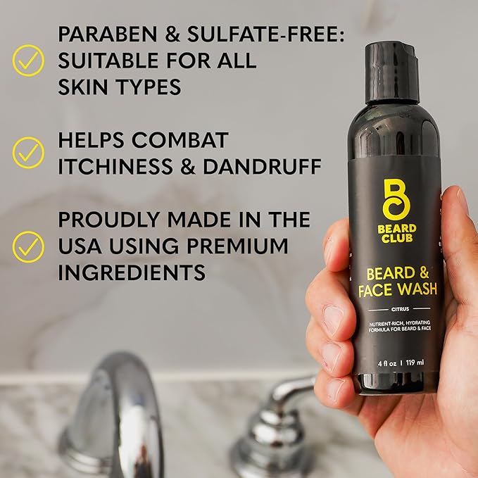 The Beard Club Citrus Beard & Face Wash– All-in-One Cleanser, Softens & Nourishes Facial Hair, Hydrates & Cleans Skin, Paraben & Sulfate-Free