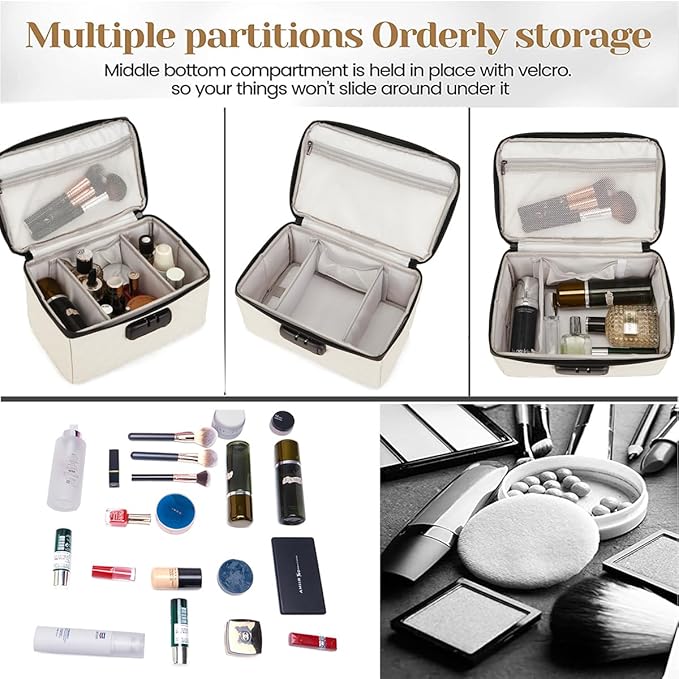 Portable makeup box with Lock, Large Capacity Travel Makeup Case Organizer, Makeup Bags for Girls Traveling With Handle and Divider Makeup Bag (off-white)