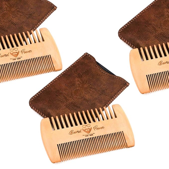 Wooden Beard Comb, 3 Pieces & Durable Cases for Men, Beard & Mustaches, Fine & Coarse Teeth, Brown Deer Design