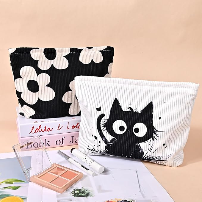 Cute Makeup Pouch for Women Flower Small Make Up Bag for Purse Zipper Initial Cosmetic Bags Pouches for Purse Aesthetic Travel Toiletrybags Gift,Black White Floral