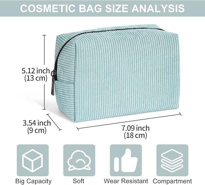 MAANGE Small Makeup Bag For Purse, Travel Cosmetic Bag Makeup Pouch Corduroy Portable Versatile Zipper Pouch For Women (GREEN)