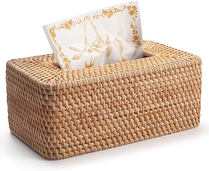 Rattan Tissue Box Cover, Rectangular Wicker Tissue Box Holder, Decorative Woven Facial Tissue Holder for Bathroom, Kitchen, Living Room, Bedroom (Natural)
