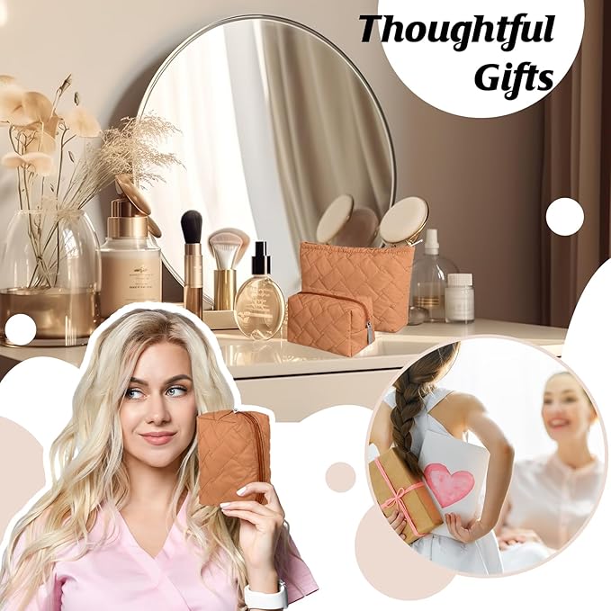 2 Pc Christmas Gift Makeup Bag Set Cute Quilted Cosmetic Pouch for Women Travel Toiletry Bag Preppy Small Makeup Purse Pouch Skincare Brushes Storage Organizer Pencil Case Set(Brown)
