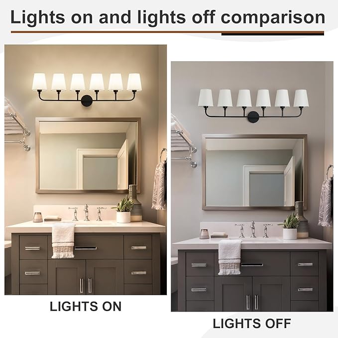 Bathroom Vanity Light, Matte Black Bathroom Light Fixtures, 6-Light Lighting Fixtures Over Mirror, Modern Wall Sconce with Flared White Fabric Shade, E26 Socket(ETL Listed)