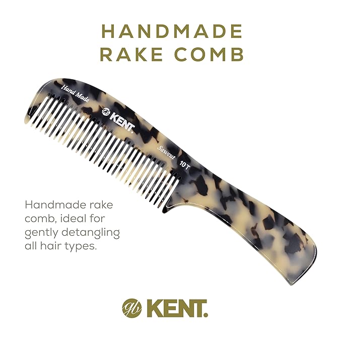 Kent 10T TW Large Handmade Wide Tooth Detangling Rake Comb - For Curly, Wet or Dry Thick Hair - Smooth and Comfortable