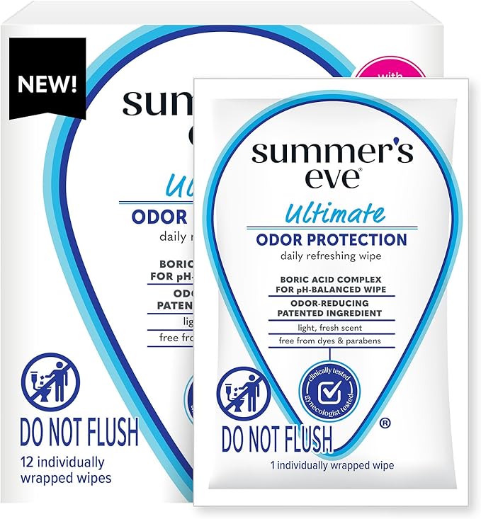 Summer's Eve Ultimate Odor Protection Daily Feminine Wipes, Gentle pH-Balanced Formula with Boric Acid Cleanses & Removes Vaginal Odor, Individually Wrapped Body Wipes, 12 Count