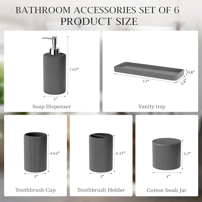 6-Piece Grey Bathroom Set - Mesh Textured Resin Bathroom Accessories Set with Soap Dispenser, Toothbrush Holder, Cup, Vanity Tray & Apothecary Jars for Small Spaces