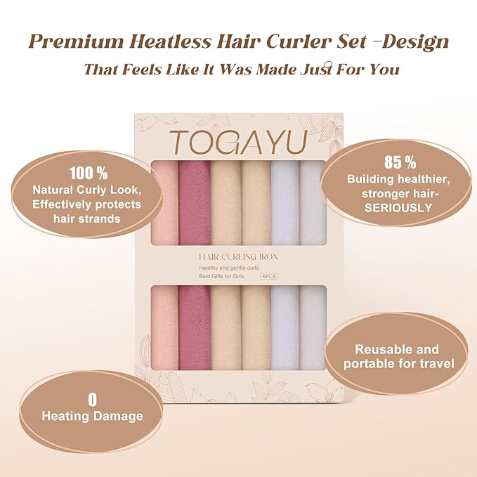 Heatless Curls, Heatless Curls Overnight Hair Care Set - Jumbo Velvet Hair Curlers to Sleep In, Soft Heatless Curling Rods for All Hair Types- 6pcs Beige